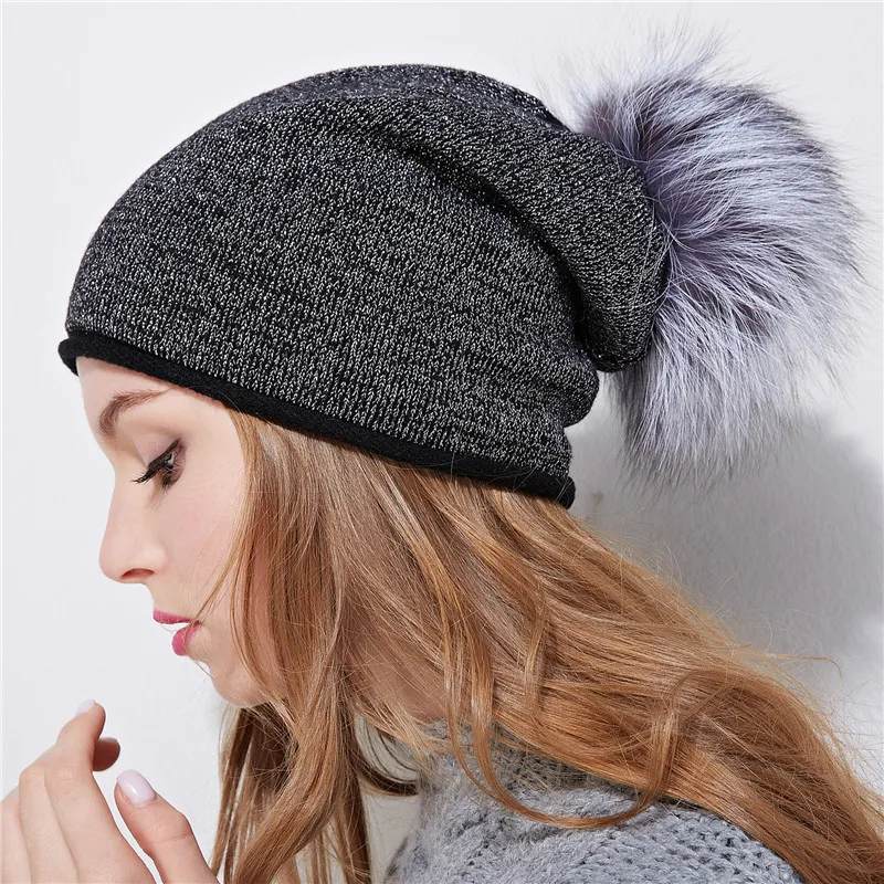 Женская шерстяная вязаная шапка с помпоном из натурального меха енота|winter hat