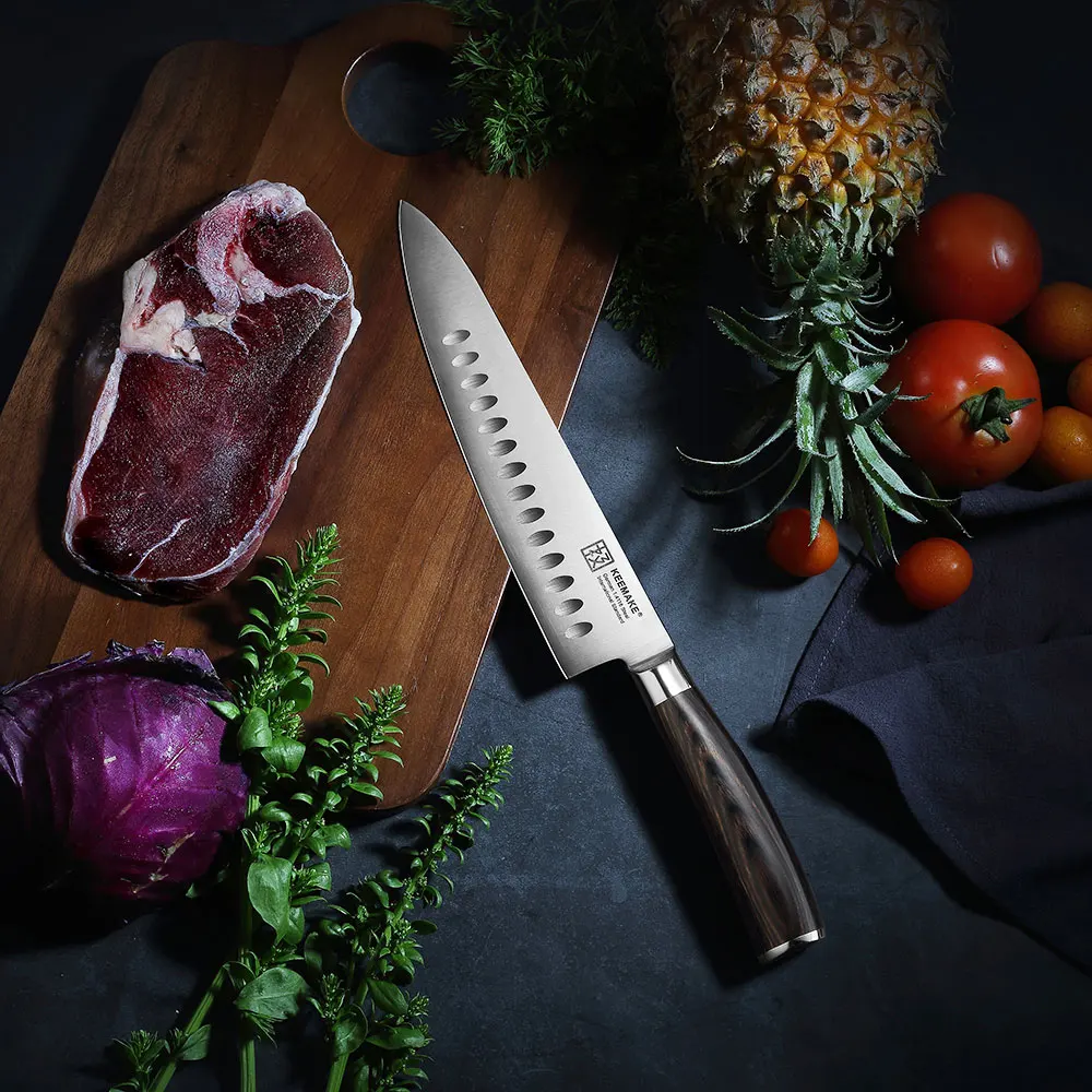 

Нож шеф-повара KEEMAKE 8,5 дюймов, немецкие кухонные ножи Santoku из стали 1,4116, цветная деревянная ручка с изысканной подарочной коробкой