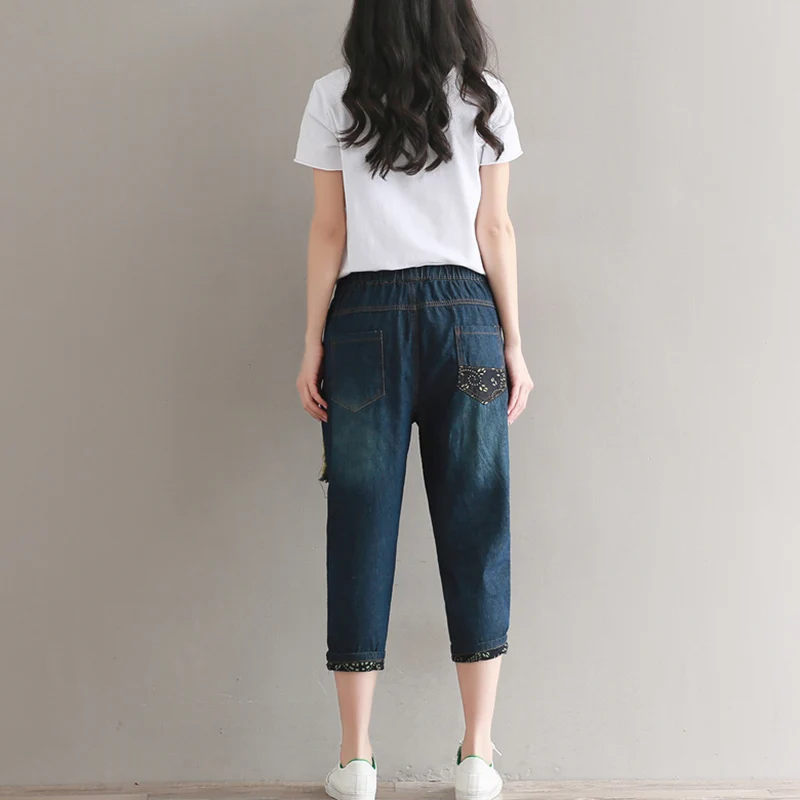 Джинсовые Капри с цветочной вышивкой Женские 2018 Летние повседневные винтажные