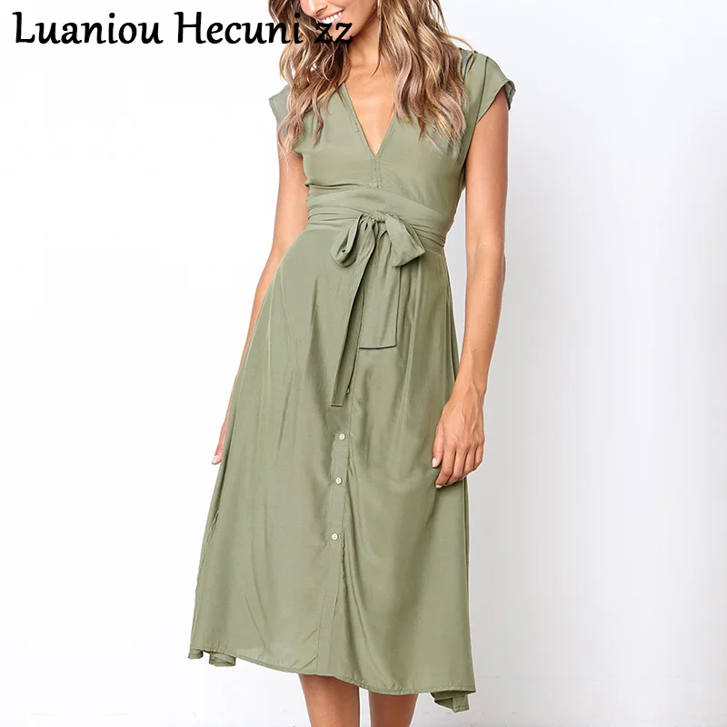 Chu Ni V neck striped dress women Summer bow sashes buttons cotton plus size female dresses Casual vintage long green vestidos | Женская
