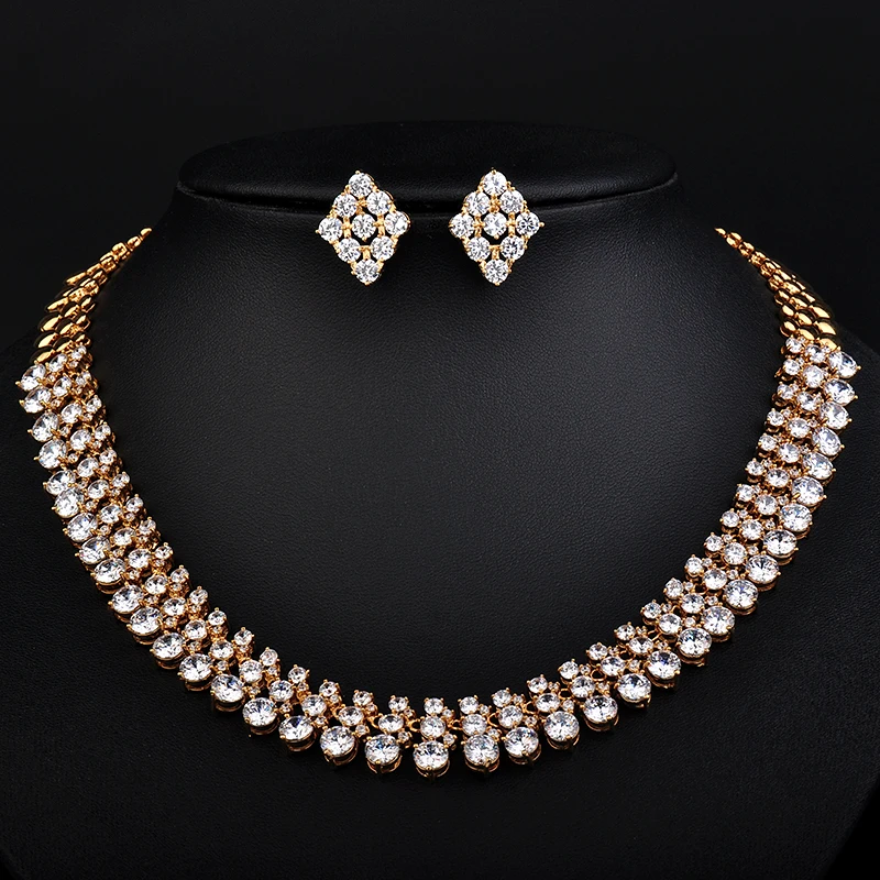 Ожерелье и серьги золотистого цвета с овальным фианитом|wedding jewelry sets|fashion setjewelry sets