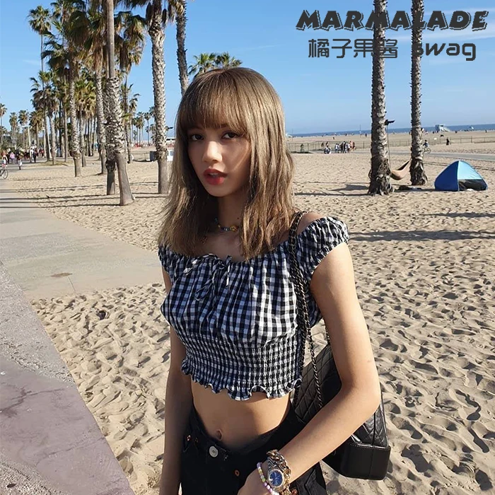 Kpop Корейская клетчатая рубашка с одним словом и воротником открытыми плечами