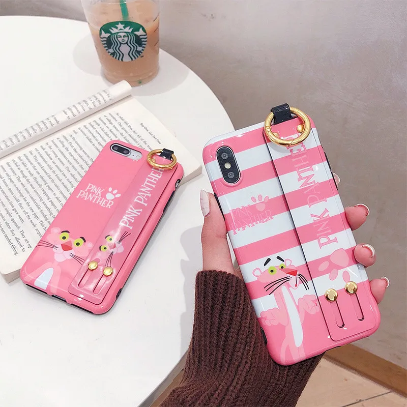 Luxury Cartoon Pink Panther Phone Case For iPhone 7 Puls 6 6S 8 X XS Max XR Cases Soft silicon Wristband Back Cover |