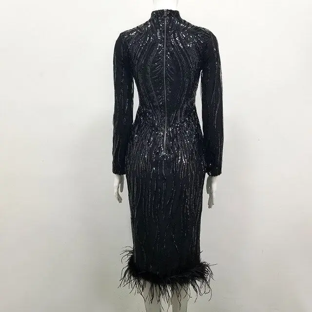 Платье с длинным рукавом блестками и перьями|Женские платья| |