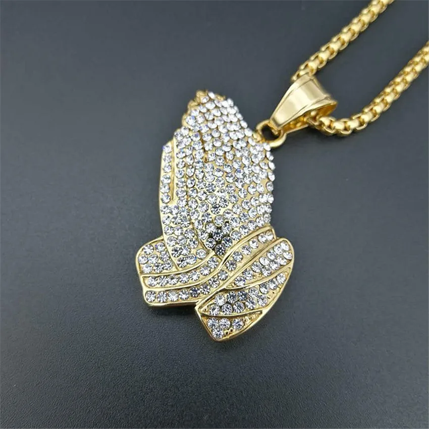 

Dropshipping Hip Hop Jewelry For Man Women Gold Color Praying Hands Pendant Iced Out Chain Hiphop Round Necklace Collar 2019