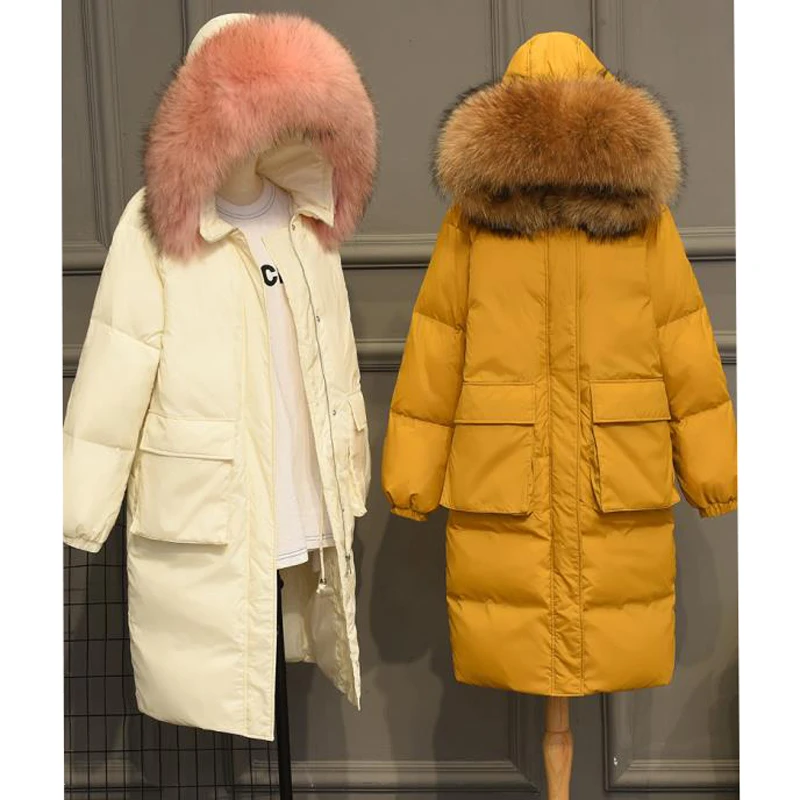 Пуховик женский зимний белый с капюшоном и большим натуральным мехом|Женские