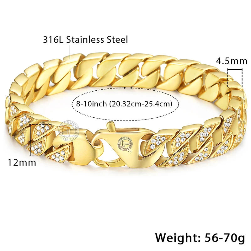 Miami Necklace Bracelet Jewelry Set for Men Gold 316L Stainless Steel Cubic Zirconia CZ Chain 12mm LHS60 | Украшения и аксессуары