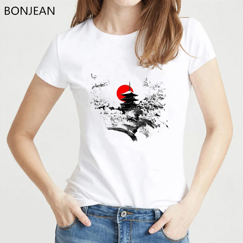 Винтажная футболка в японском стиле Харадзюку с принтом заката храма гор Женская