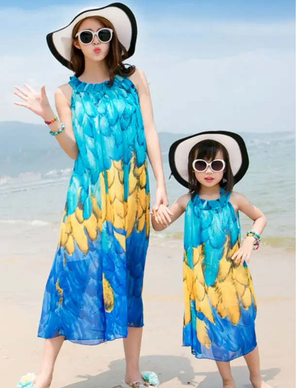Новинка 2016 платье для матери и дочери Одинаковая одежда длинная богемная летняя