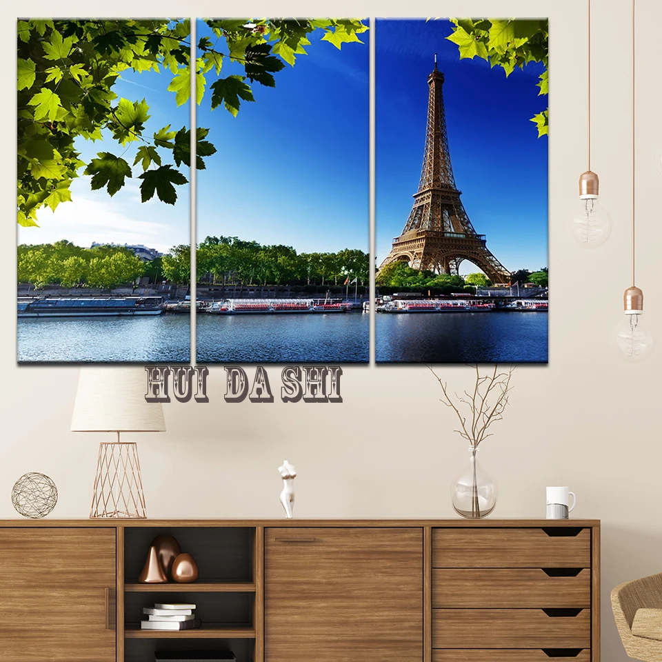 Canvas HD Prints Pictures Room Wall Art 3 Pieces Paris Tower River Riverside Painting Landscape Poster Home Decor Framework | Дом и сад