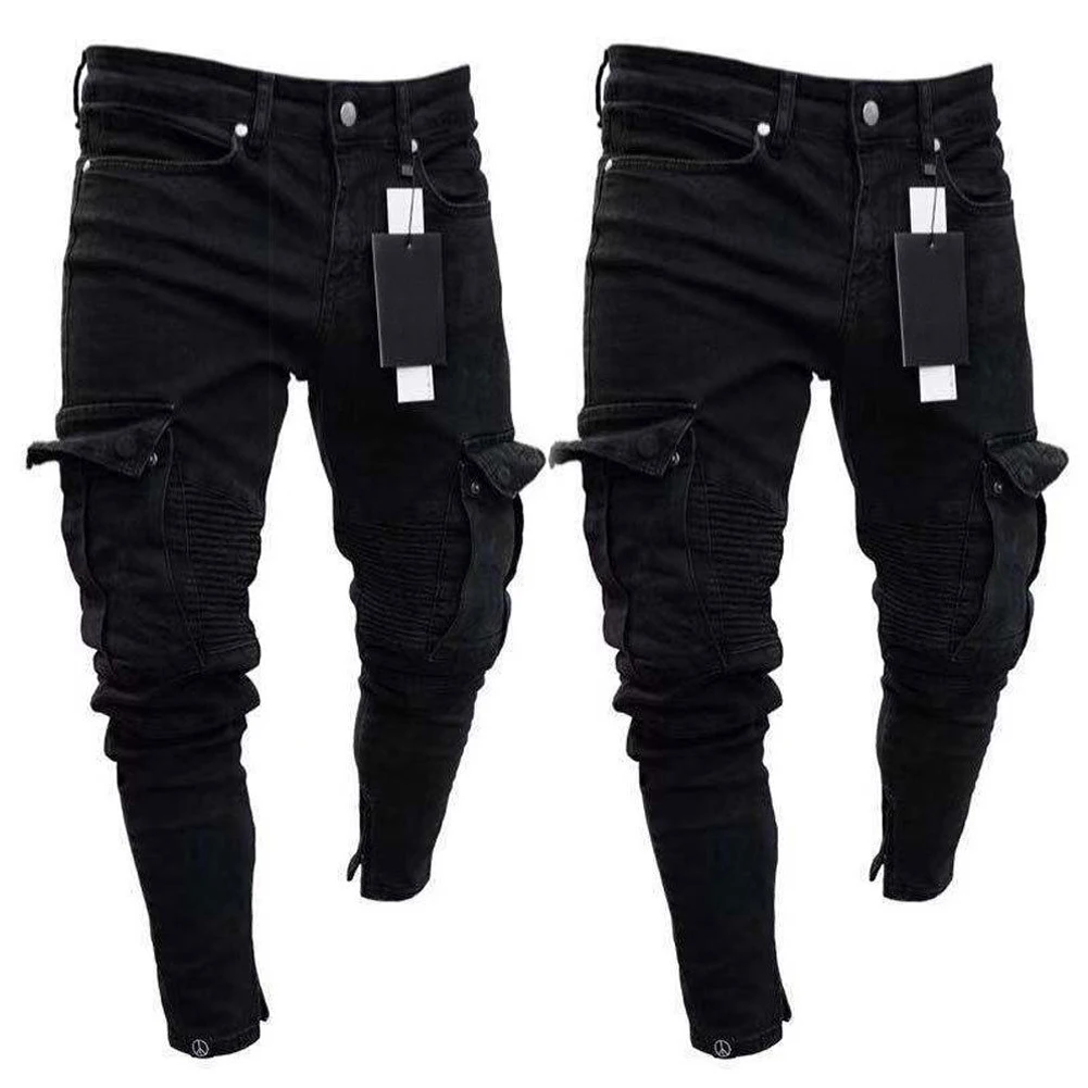 Mens Comfy Stretch Skinny Denim Jeans Pleated Cargo Pants Men Skinny Jeans Frayed Destroyed Trousers Casual Denim Pants Slim Fit