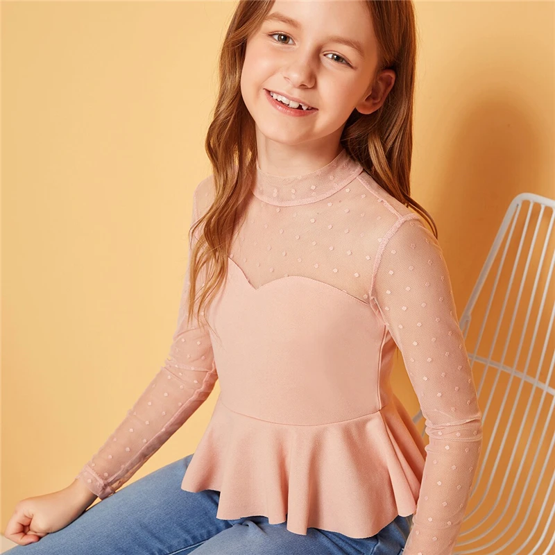 SHEIN/Детские топы в горошек с воротником-стойкой и сеткой с баской для девочек; коллекция года; летние облегающие блузки с длинными рукавами для девочек