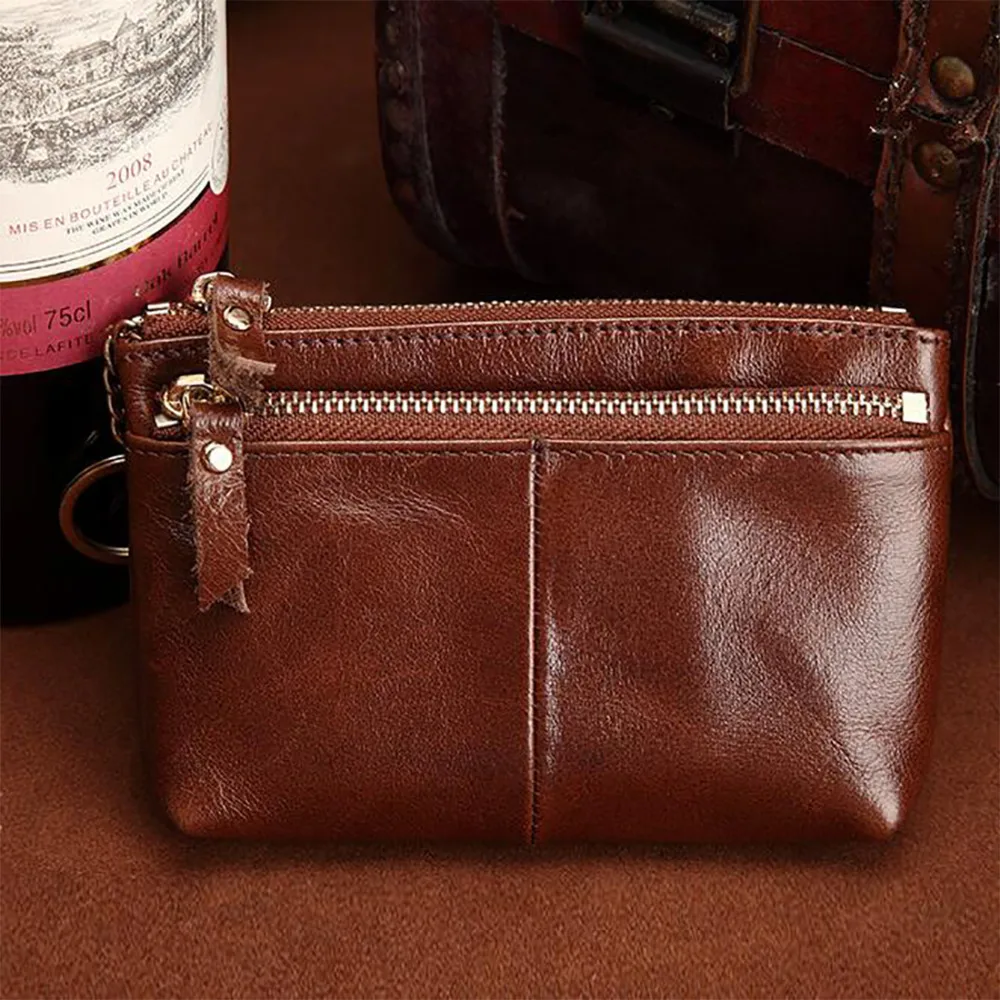 Women Oil Wax Cowhide Short Purse Keyring Coin Pocket Card Holder Retro Female Small Clutch Bag Genuine Leather Mini Wallet