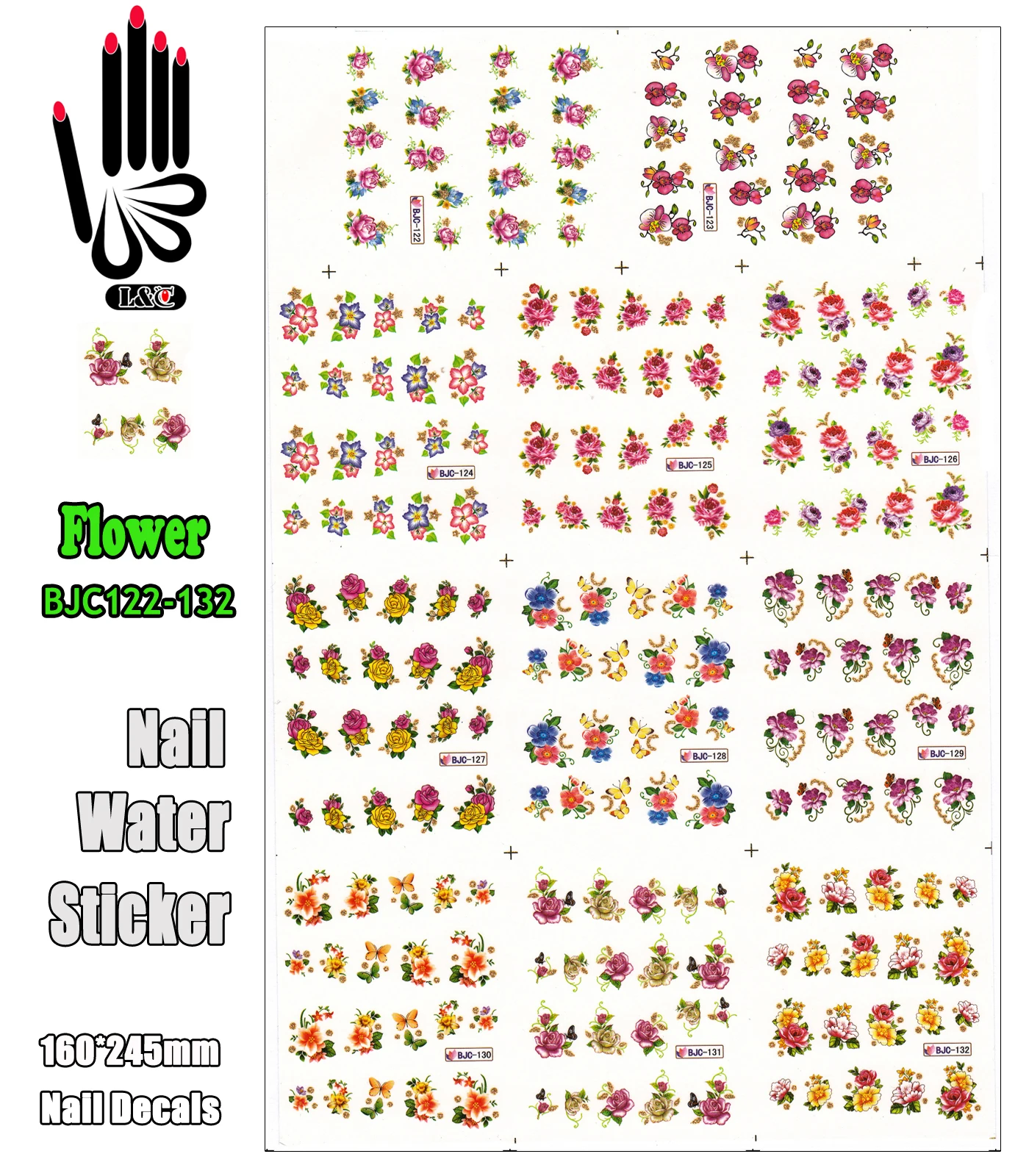 

11 Sheets/Lot Hot Nail Sticker BJC122-132 Glitter Flower Nail Water Transfer Sticker Decal For Nail(11 DESIGNS IN 1)