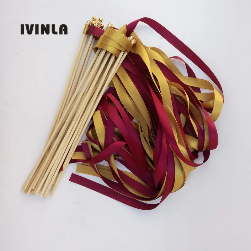 

Hot selling 50pcs/lot Wine and Gold wedding ribbon wands with gold bell