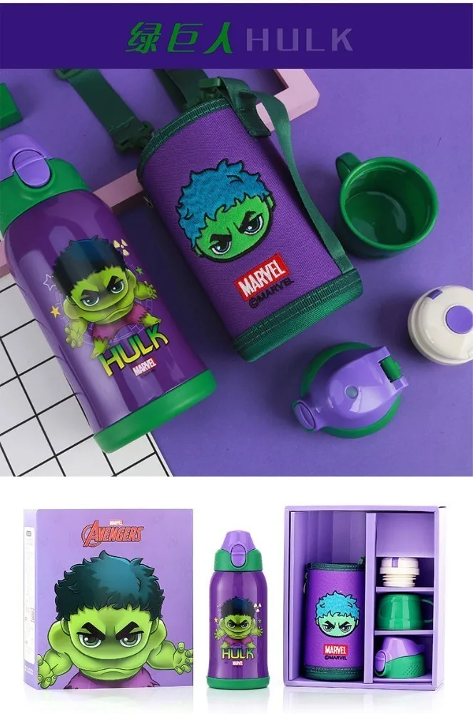 Hulk Disney disney детская бутылка для воды три крышки 600 мл прочный термос чашка с чашкой набор кружка с ремнем подарок Tazas ребенок чашка Сиппи - Цвет: Hulk