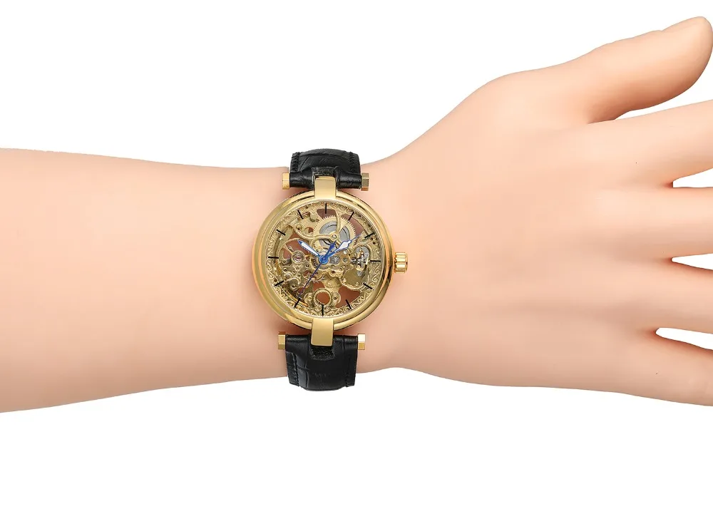 Автоматическая Мода скелет светящиеся руки Дизайн Часы мужские кожаный ремешок