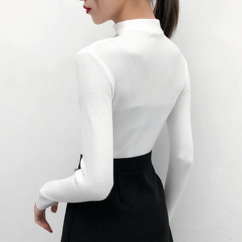 shintimes Casual Zipper Turtleneck Pullovers Women Sweater Long Sleeve Elastic Knitted Femme Solid Warm Jumper High Quality Tops | Женская