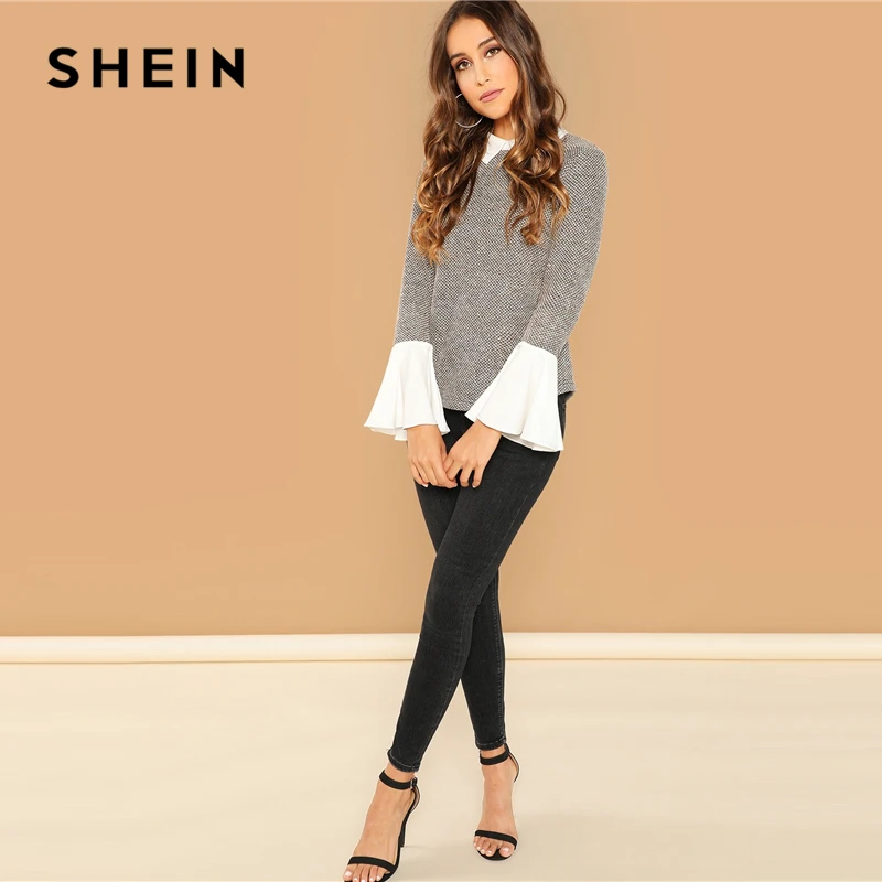 SHEIN Блуза С Контрастным Вставками И Оригинальным Рукавом Женская Осенняя Элегантная Блузка С Длинными Рукавами И Оборками