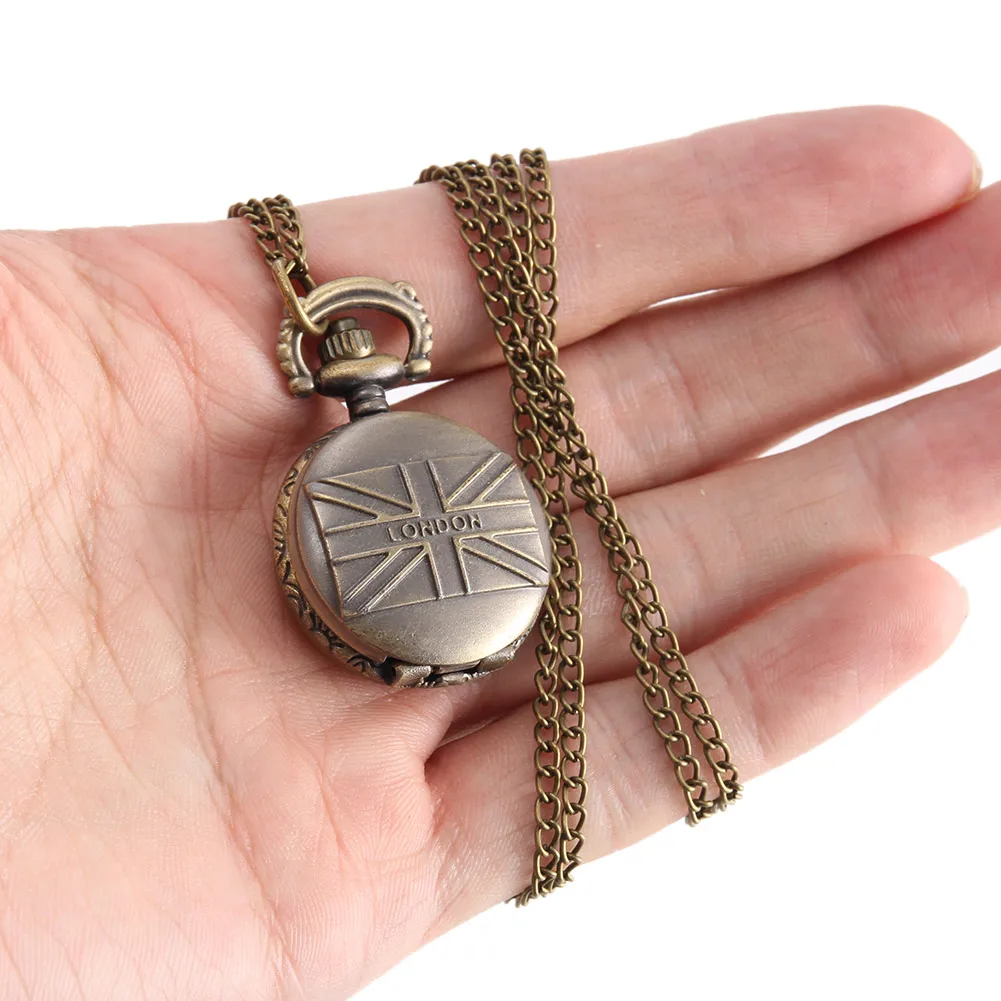 

Vintage Pocket Watch Bronze Color Quartz Watch Cool Chain British Flag Watches LXH