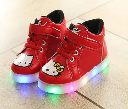 2017 милые ботинки с рисунком котенка яркая светящаяся обувь Модные ботильоны для