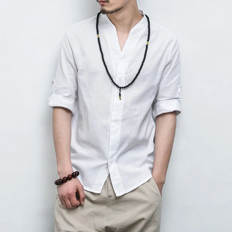 Мужская рубашка из дышащего хлопка и льна FUODRAO однотонная Повседневная в