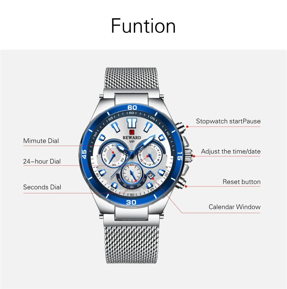 

REWARD Men's Watches Top Brand Simple Stopwatch Waterproof Steel strap Gold Men Sport Wristwatch reloj hombre relogio masculino