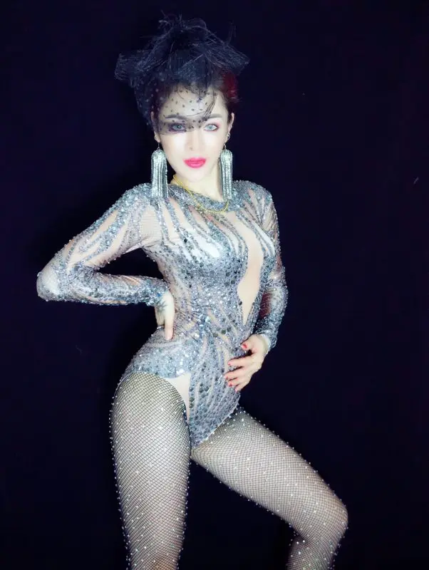 Sparkly Rhinestones Elastic Long Sleeve Bodysuit Bar Club Women Singer Stage Outfit Sexy Party Show Performance Dance Costume