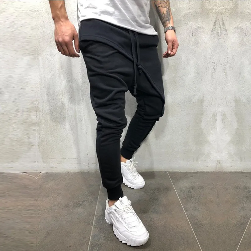 Мужские Asymetric слоистые Jogger брюки уличная Jogger Брюки Slim Fit повседневные Drawstring Close Bottom брюки мужские s карандаш брюки