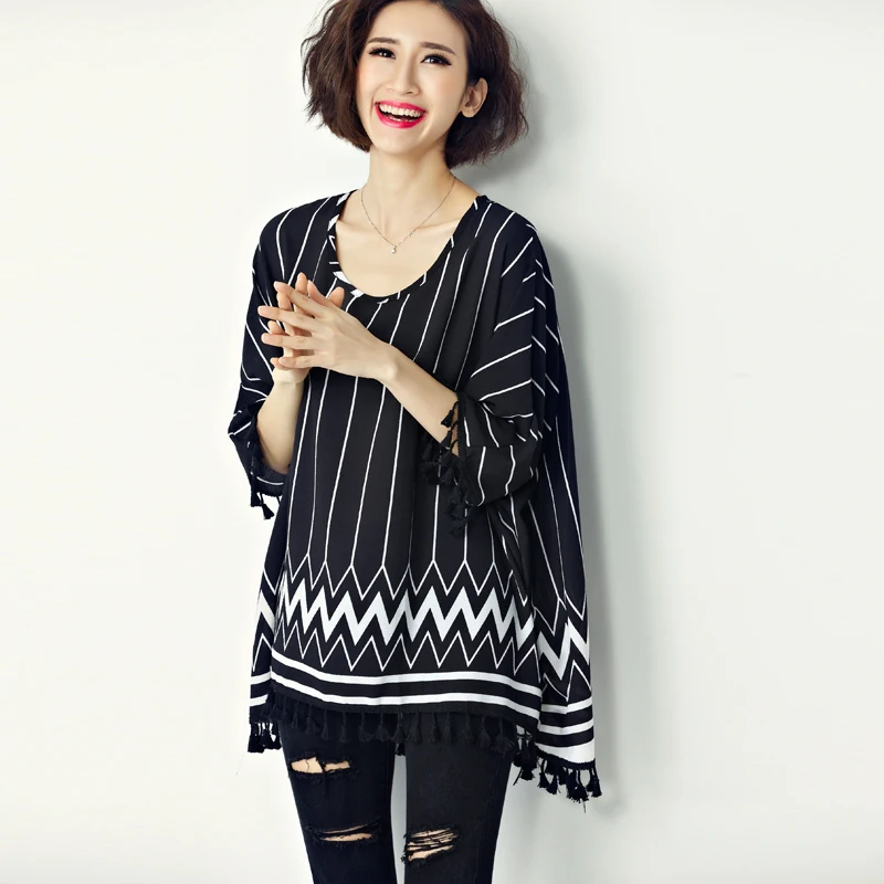 Doornot Plus size Cloak Shirts Summer Korean Women Casual Loose Streetwear Batwing sleeve Striped Tassel Chiffon Beach Tops |