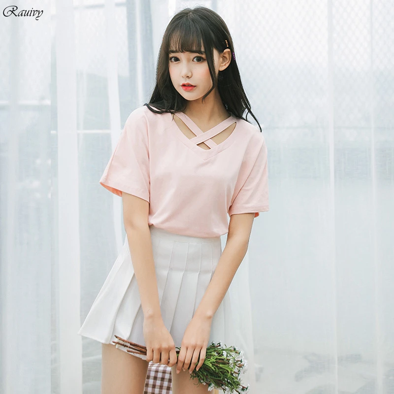 Женская футболка ulzzang летняя в стиле Харадзюку Корейском розовая с вырезом и