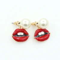 new hot sexy red lip charming black blue eyes pendant big simulated pearl ball golden stud earrings for women fashion jewelry