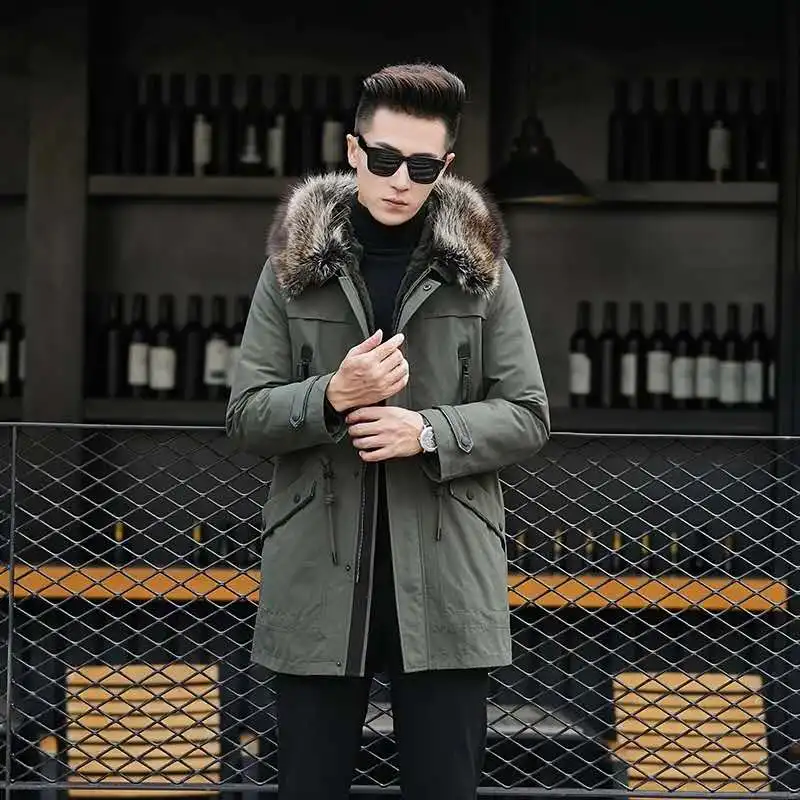 army green Пальто с кроличьим мехом для мужчин, новинка, зимняя парка с меховым воротником из натурального меха енота, длинная Мужская теплая верхняя одежда с капюшоном, теплое меховое пальто - Цвет: army green