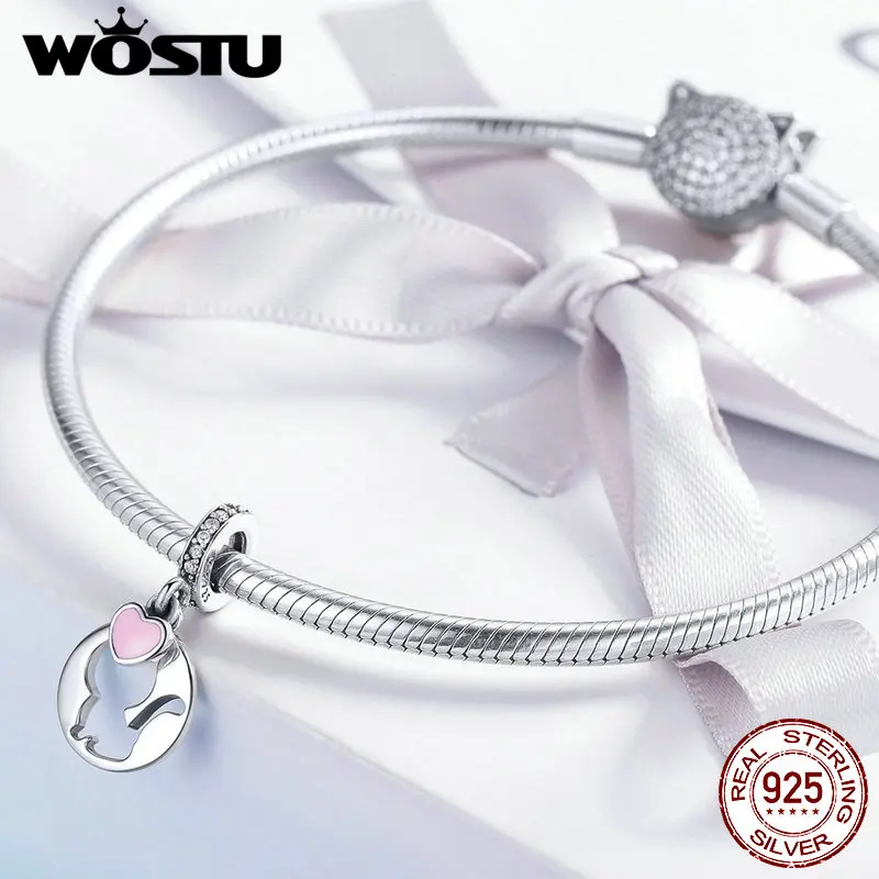 Женские шармы из стерлингового серебра 925 пробы WOSTU Animal Cat с розовым сердечком