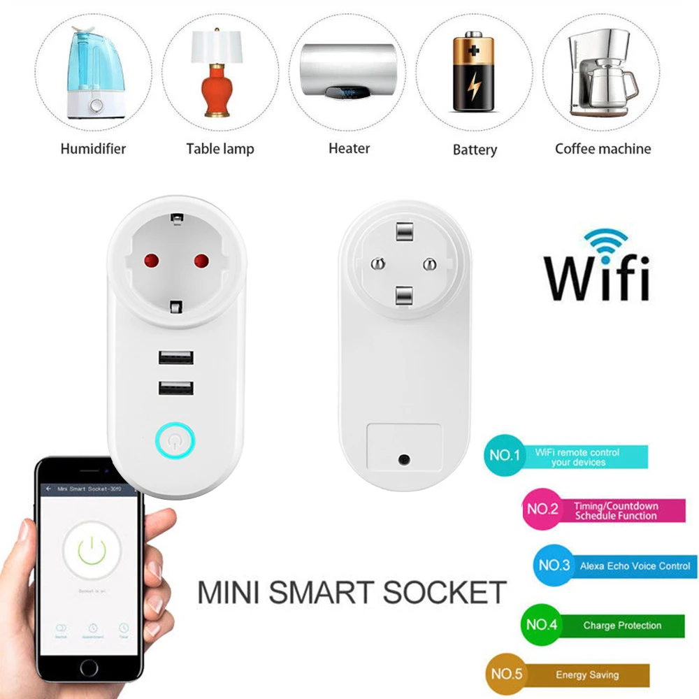 Умная вилка Wifi умная розетка для монитора питания двойной USB работает с Google Home Mini