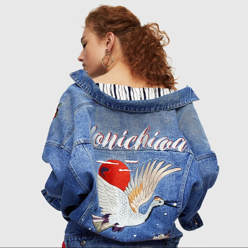 

TREND-Setter Spring and Autumn Crane Embroidery Denim Jacket Women Long Sleeve BF Style Loose Rose Jacket Coat Streetwear
