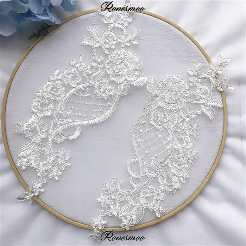 2Pairs/4pcs Ivory Embroidery Lace Flowers Applique Trim Veil Diy Handmade Materials Wedding Dress Decoration Accessories 27.5X9 | Дом и сад