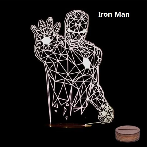 Marvel 3D Декор лампа ночник деревянная база USB железный человек череп Миньоны Baymax