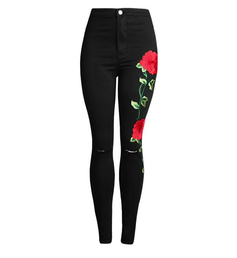 Long casual ripped hole Jeans Women High Waist Skinny Pencil Blue Denim Pants embroidery Autumn Elastic Stretch plus size | Женская