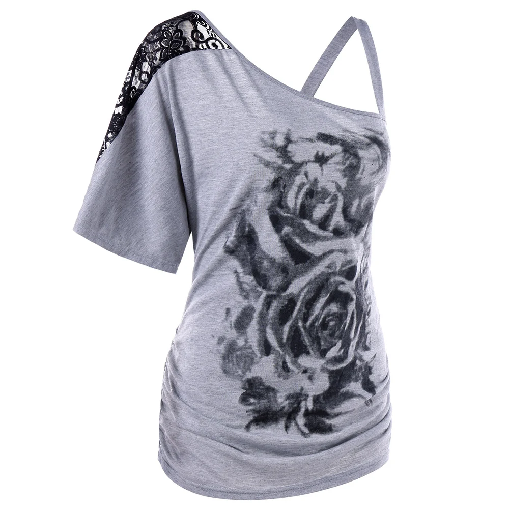 LANGSTAR Плюс Размер Женская футболка кружевная вставка косой воротник в цветах с