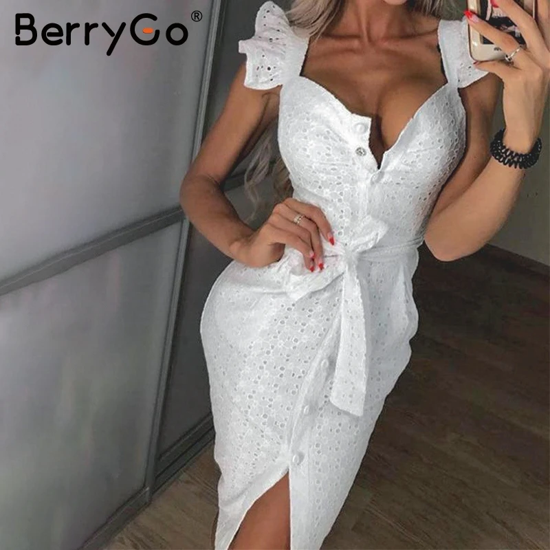 BerryGo элегантное белое хлопковое летнее платье с вышивкой женские кружевные