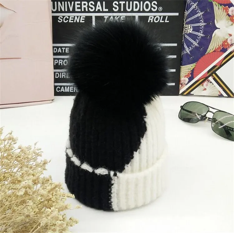 PUNS002 Новая женская зимняя вязаная шапка с помпоном из лисьего меха|fur hat|fur pom pomfox fur