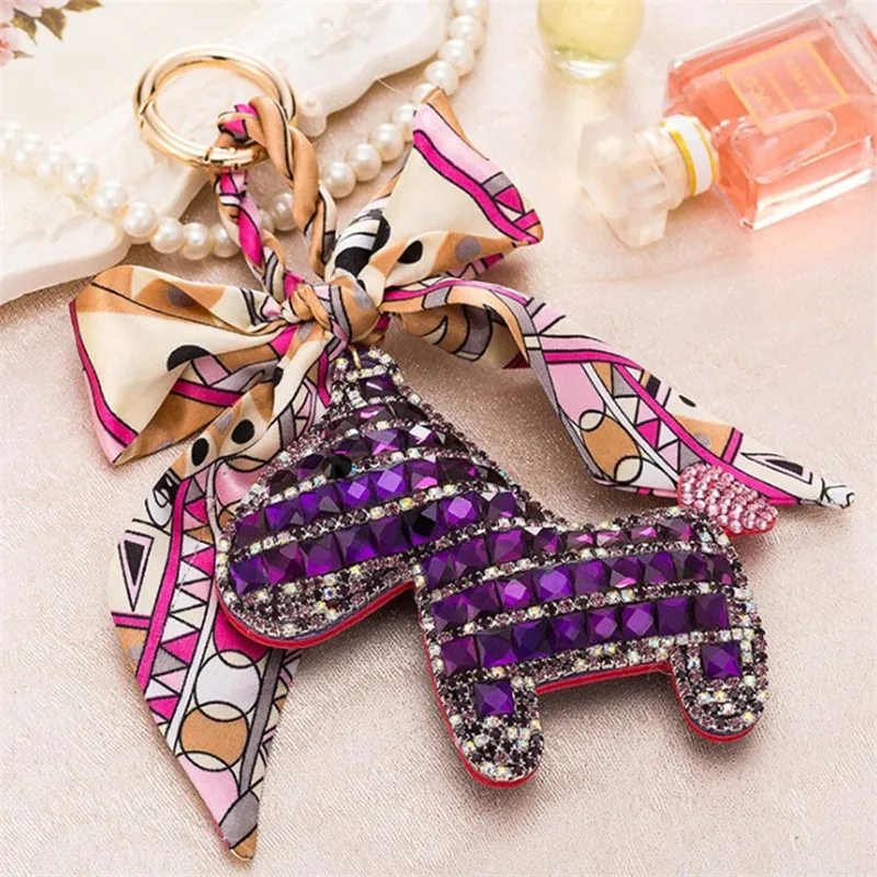 

Creative Crystal Rhinestone Leather Horse Key Chain Ring Animal Keychains Fashion Silk Scarves Keyrings Car Pendant Bag Charm