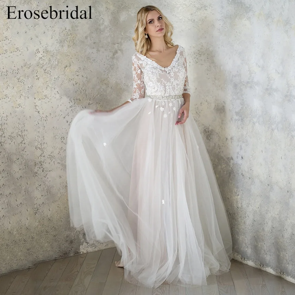 Erosebridal простое свадебное платье 2019 дизайн ТРАПЕЦИЕВИДНОЕ пляжное рукав три