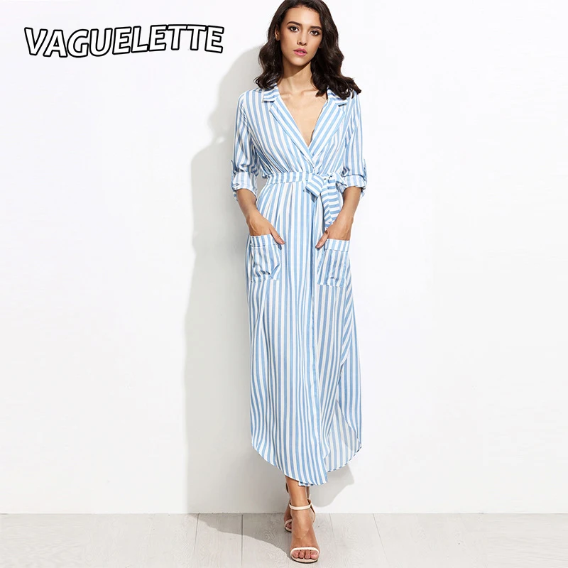 Sexy Глубокий V Шеи Длинным Dress Женщины 2017 Сплит Туника Летом Полосатый Лента Wrap Vintage