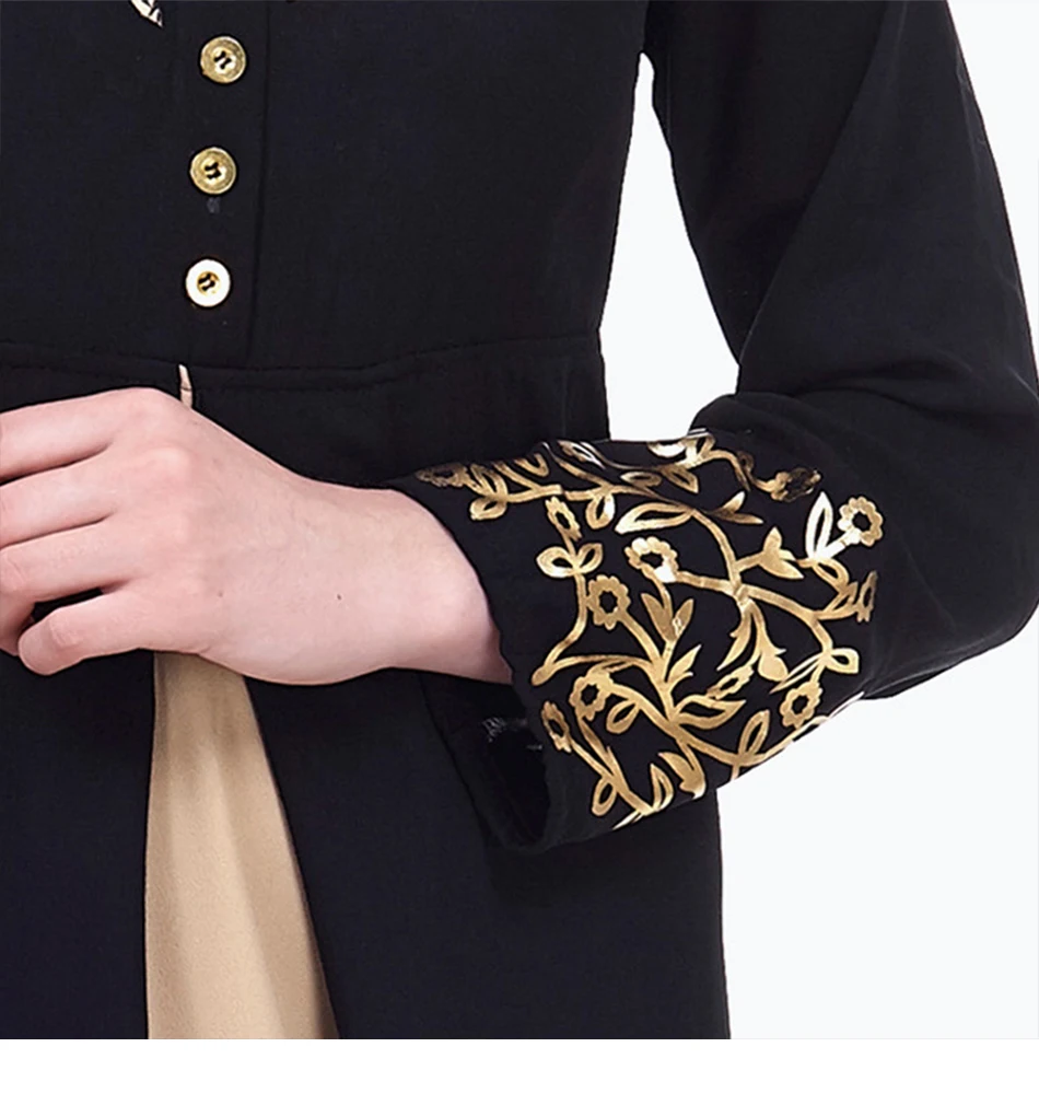 Женское мусульманское платье с золотым тиснением черное длинным рукавом