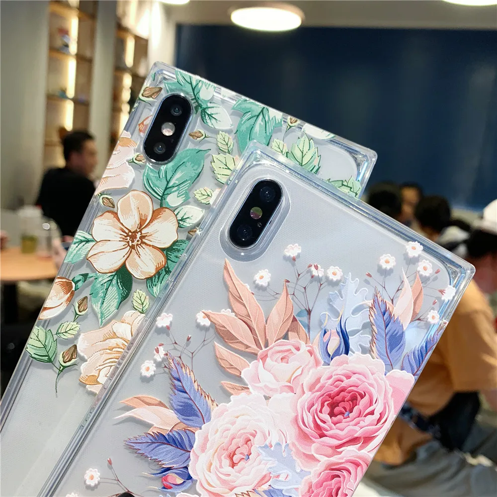 Прозрачный квадратный тиснение Ретро цветок чехол для iPhone X XS MAX XR 8 7 6 S плюс Чехол