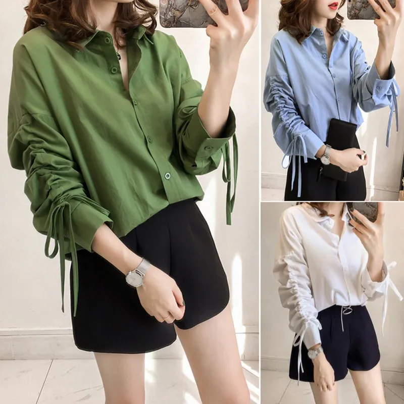 

Women Lapel Collar blouse Long Sleeve hirt Female Solid Color Loose Blouses Summer Fashion Long Chiffon Tops