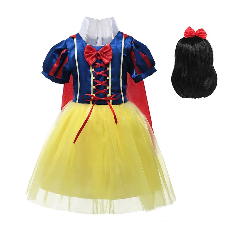 Dress with wig Платье Белоснежки для девочек; детский маскарадный костюм принцессы на Хэллоуин с париком; платье с рукавами-фонариками и накидкой; нарядная одежда - Цвет: Dress with wig