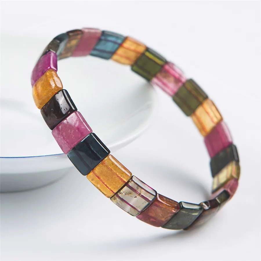 Genuine Natural Colorful Tourmaline Stone Crystal Rectangle Beads Fashion Stretch Bracelet 10*9*3mm |
